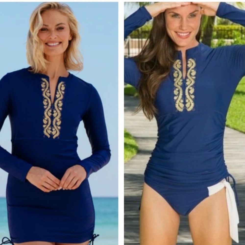 NWT Size Medium Cabana Life Navy Rashguard with Gold Embroidery and UPF 50+